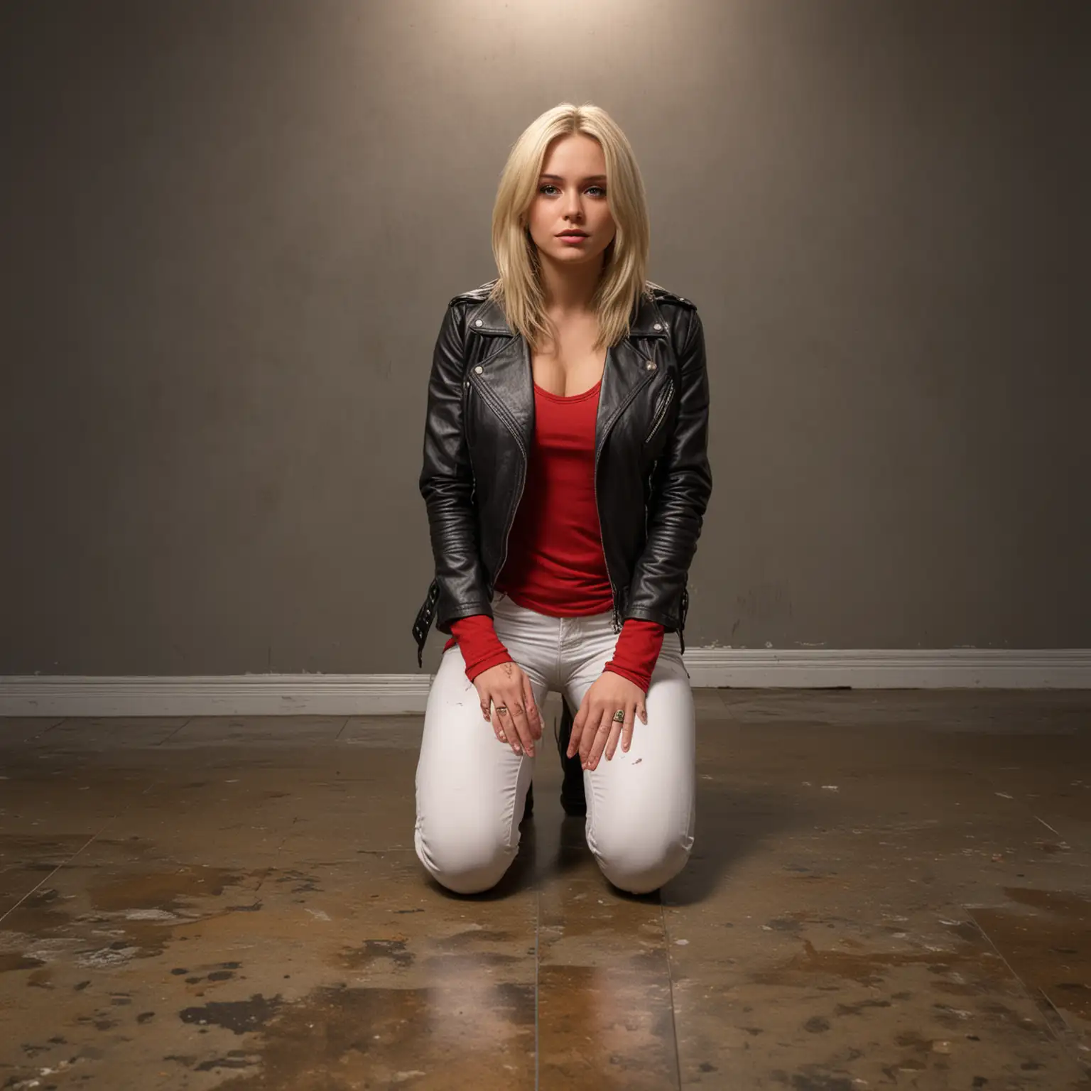 Kneeling-in-Golden-Light-Woman-in-Leather-Jacket-and-Red-Shirt-on-Dirty-Floor