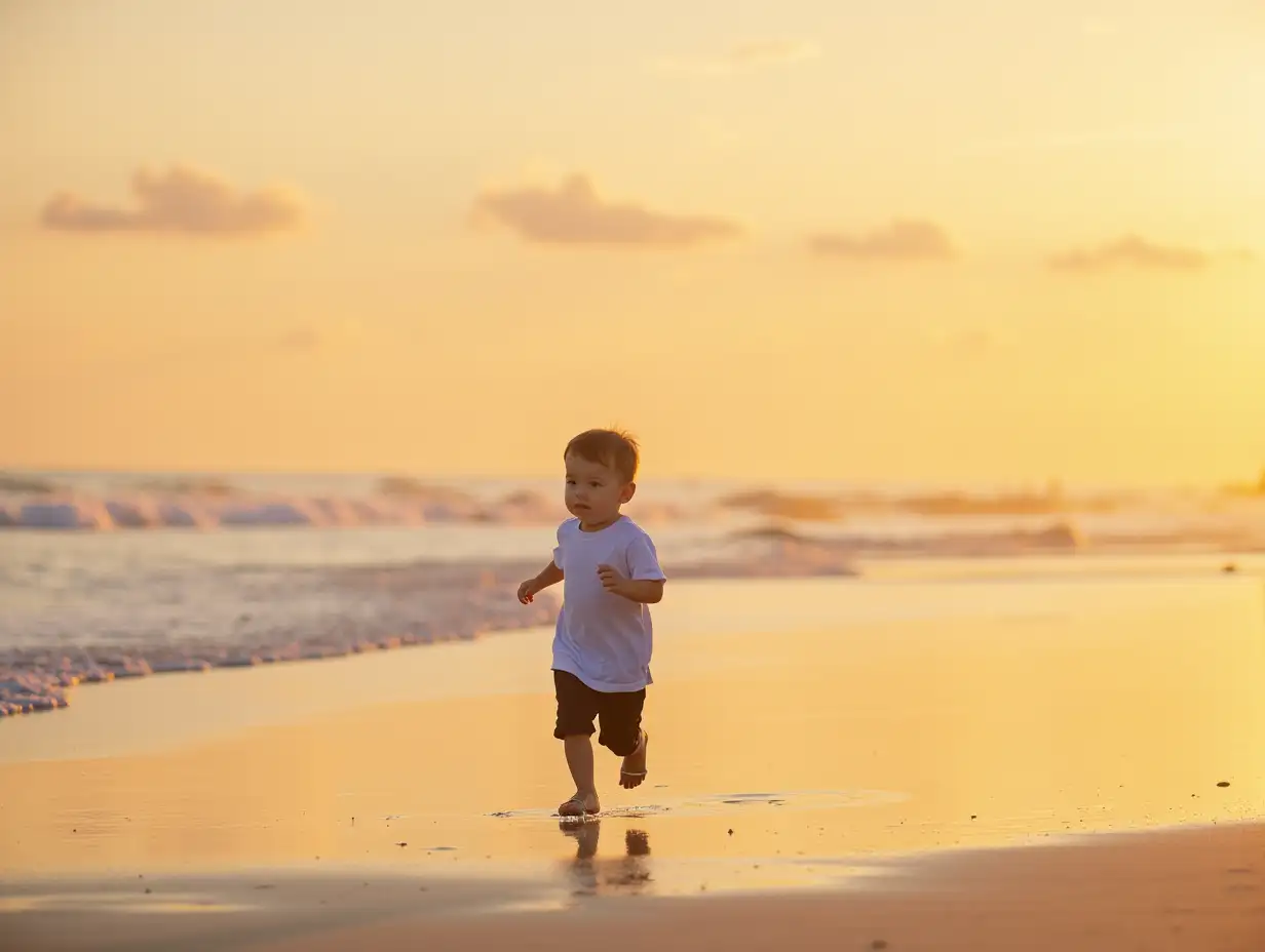 a little boy in a white T-shirt and black shorts running on the beach at sunset