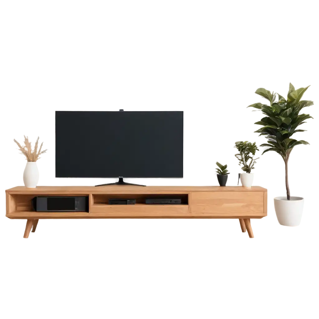 Modern-Minimalistic-Living-Room-Setup-PNG-with-TV-and-Wooden-Shelf-Featuring-Plants-HighQuality-Image