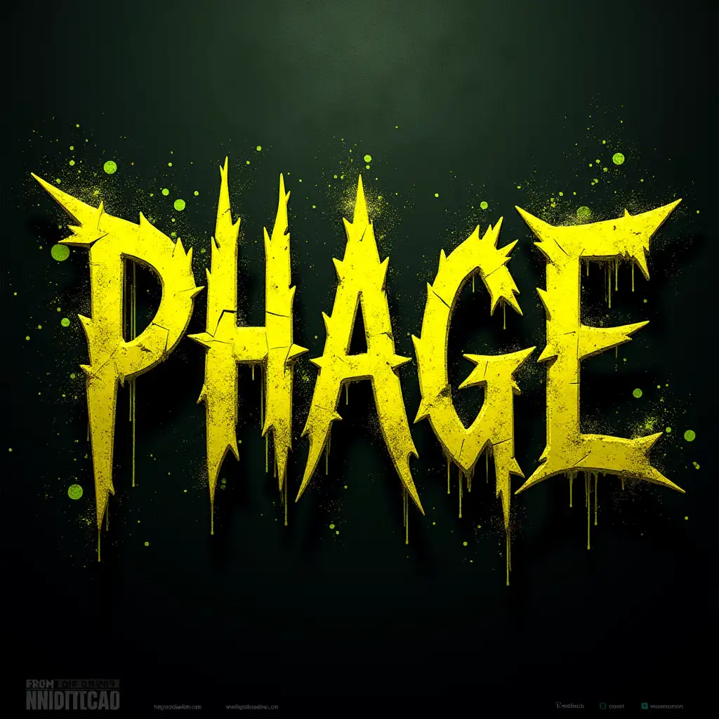 Design a bold, high-impact typography poster for Phage, the yellow symbiote. The word ‘PHAGE’ should appear in jagged, razor-sharp letters that look like they're slashed or corroded by acid. Use a toxic yellow and deep black color scheme with hints of glowing, corrosive green for accents. Integrate dripping effects, scratch textures, and liquid symbiote tendrils wrapping around and piercing through the letters. The background should be dark and gritty—like a rusted metal surface or a lab experiment gone wrong. Add subtle splashes of symbiote goo and glowing warning symbols in the background for depth. Style the composition to feel unstable, aggressive, and chaotic—perfectly matching Phage’s volatile, violent nature. Typography should feel alive, mutating, and dangerous