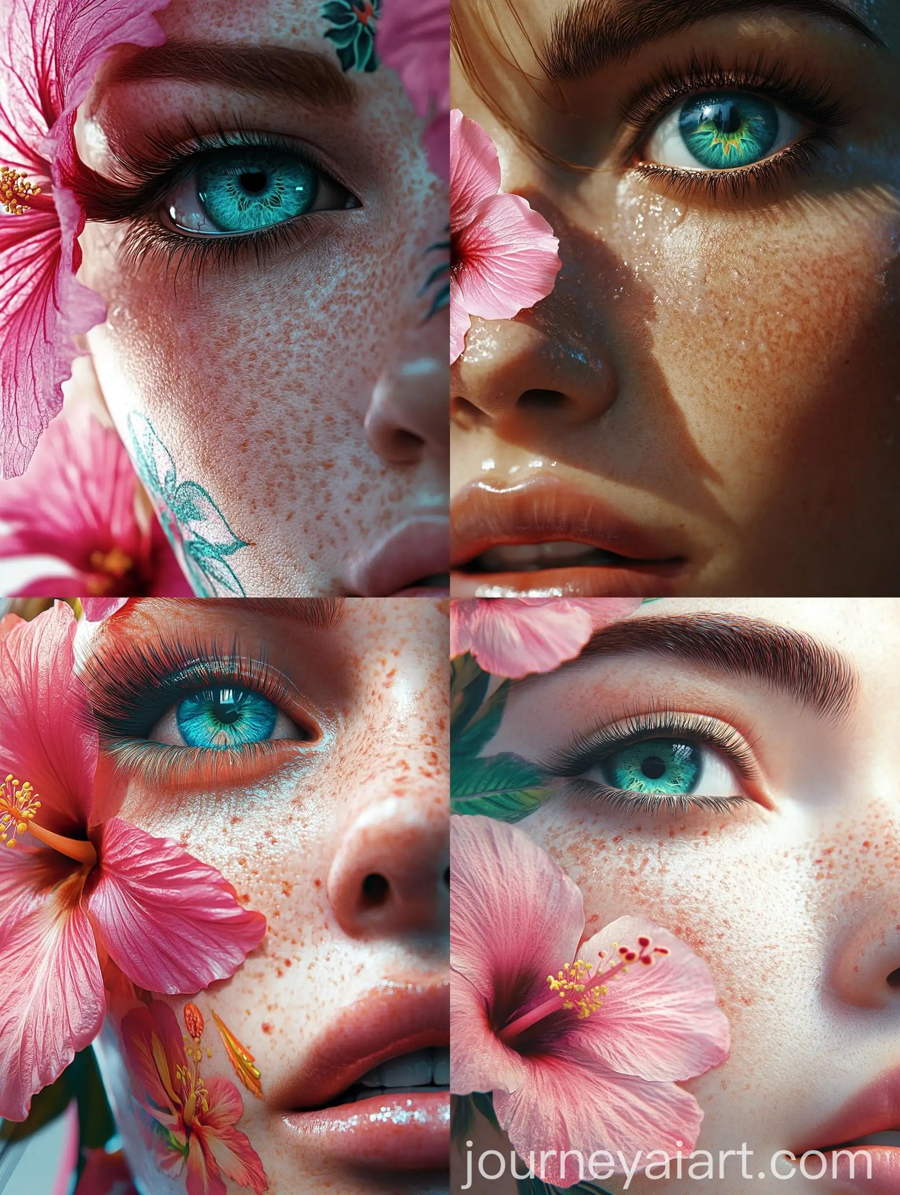 Hyperrealistic-Portrait-of-a-Beautiful-Female-Character-with-Turquoise-Eyes-and-Pink-Hibiscus-Tattoo