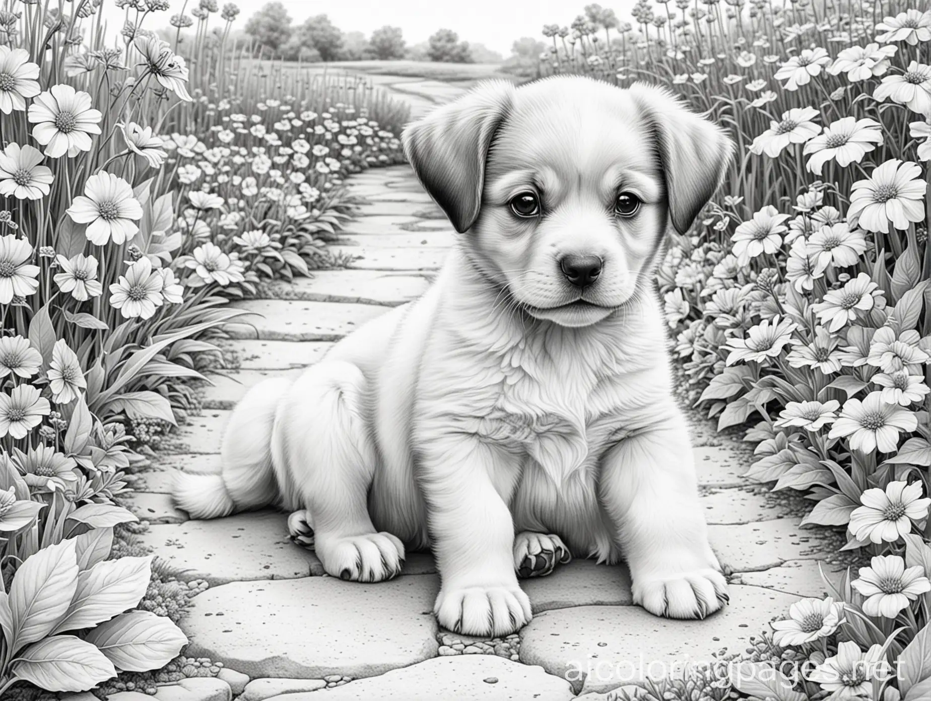 Puppy-in-Flower-Garden-Coloring-Page