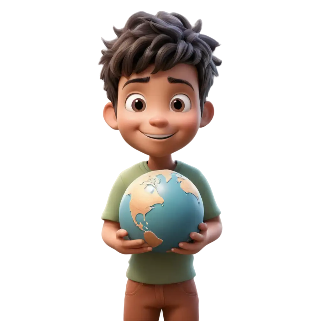 3D-Cartoon-Style-PNG-Image-of-a-Little-Boy-Holding-a-Small-Earth-Shape-Perfect-for-Various-Creative-Applications