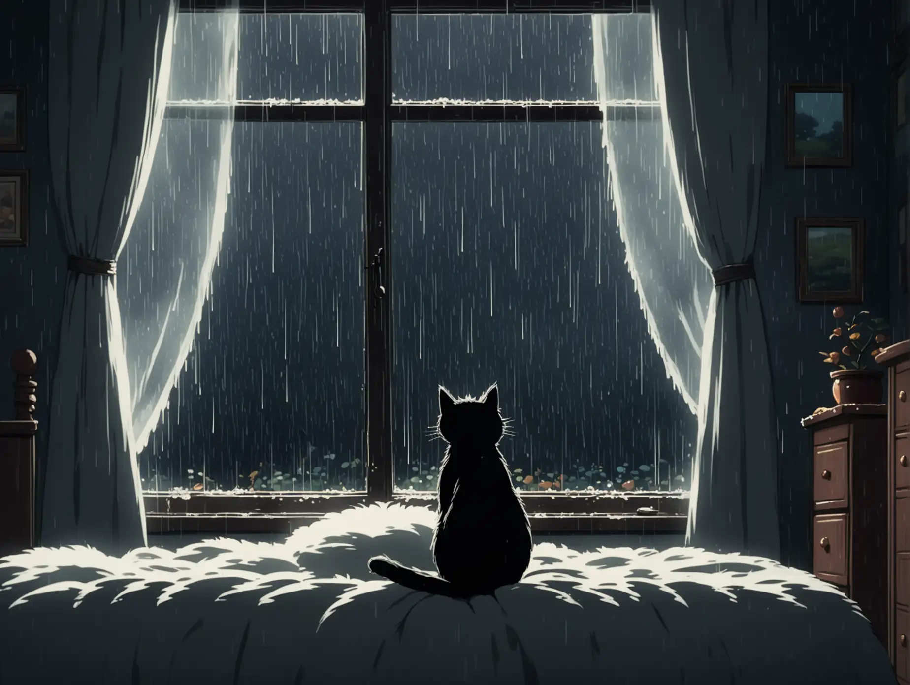 black cat with white paws and white neck and white tummy. Studio Ghibli style. Fluffy. Cute. Cinematic. Rainy, whimsical, dark autumn bedroom. Cat by the window