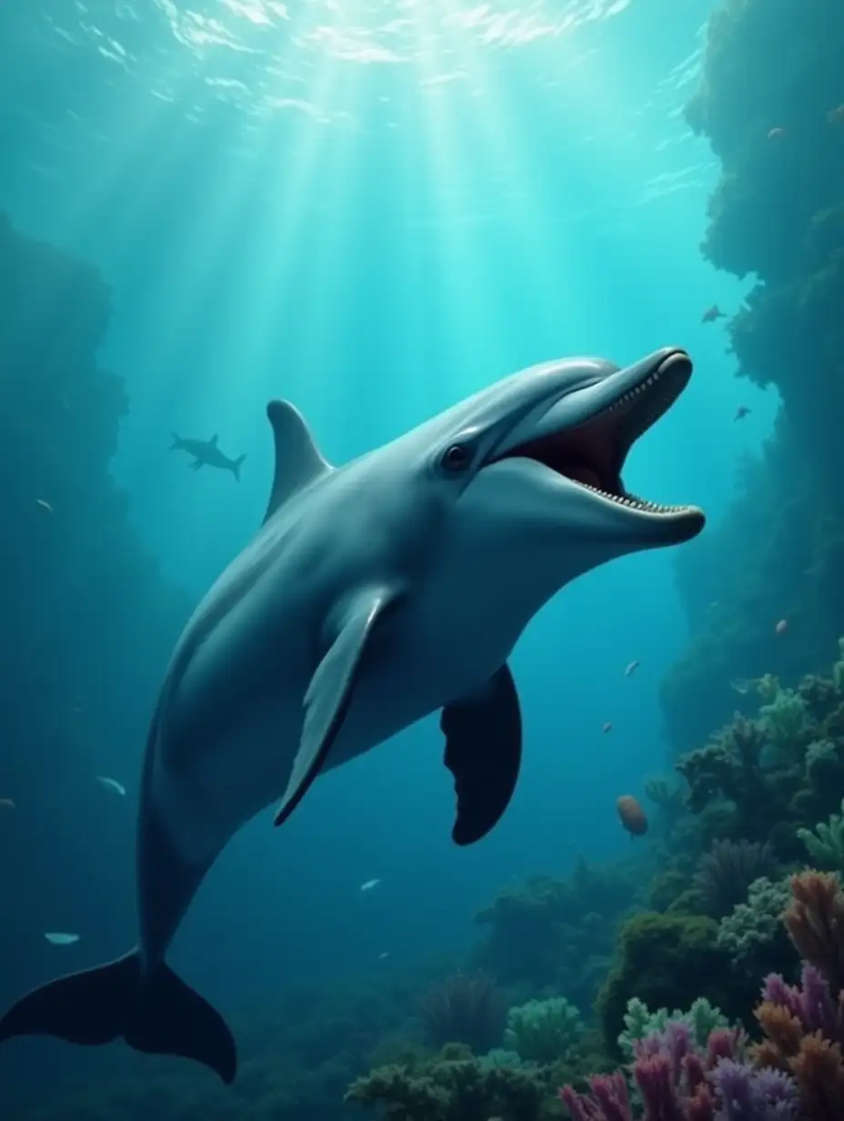 a mother dolphin underwater, her mouth is open due to tension. and swimming quickly. background is full of sea plants and other sea creatures