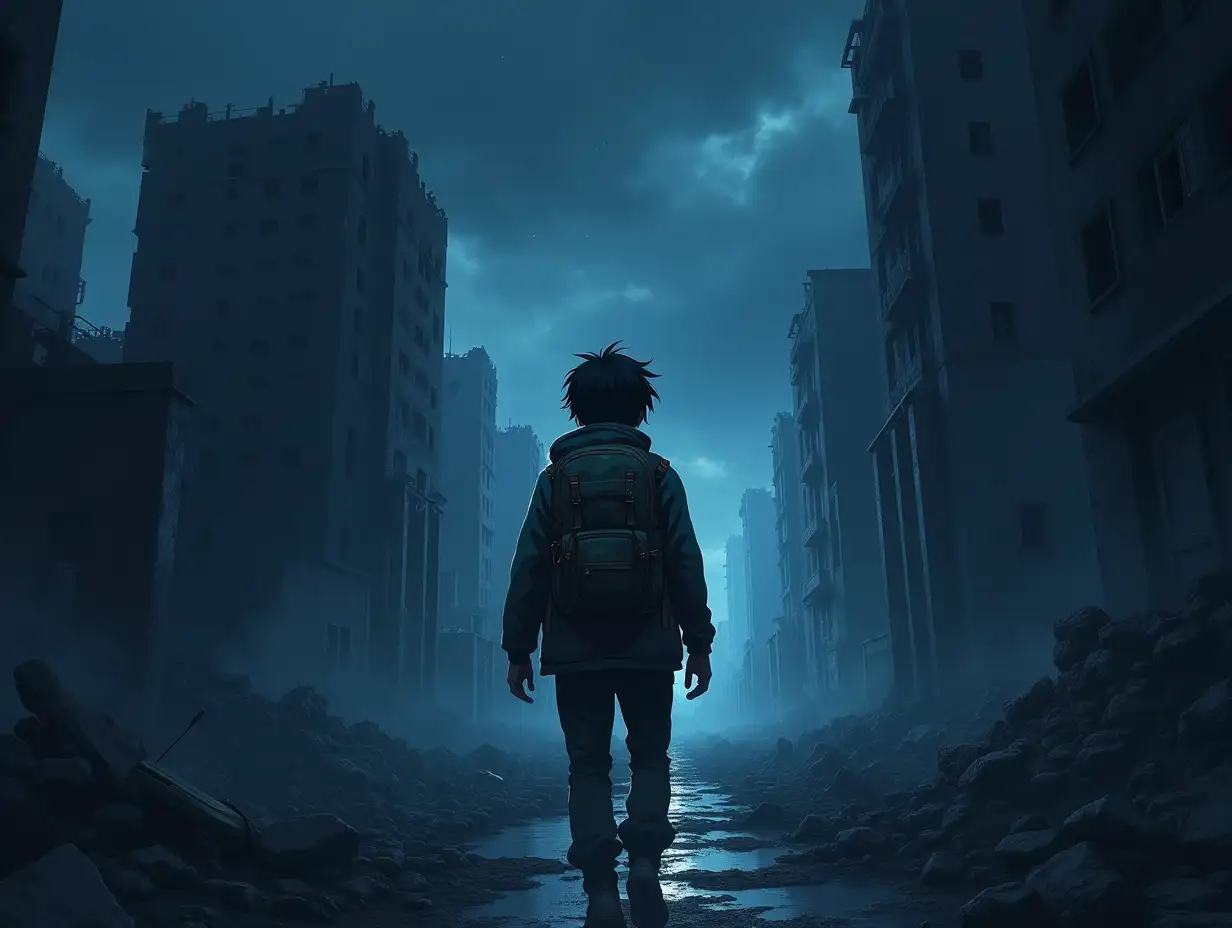 A survivor in a canvas camouflage and backpack makes his way through heavily damaged mysterious ruins of a night city. Style is anime.