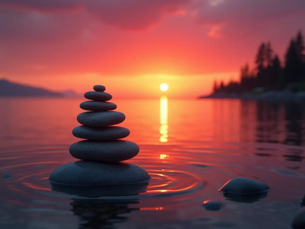 Serene-Sunset-OverSerene-sunset-at-lakeshore-Lakeshore-with-Zen-Stone-Tower-Reflection