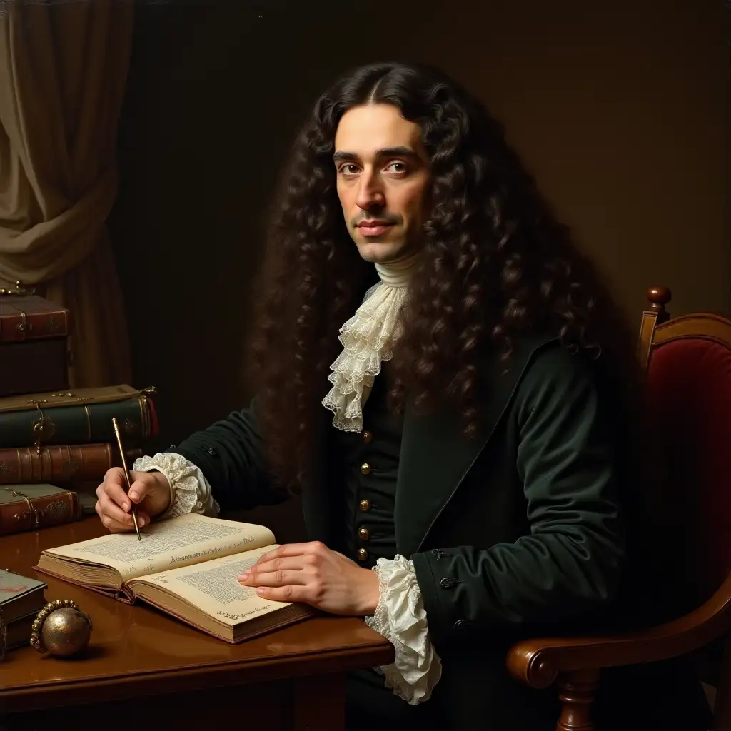 Gottfried Wilhelm Leibniz (1646-1716) in his study at age 41, dark brown long wavy wig