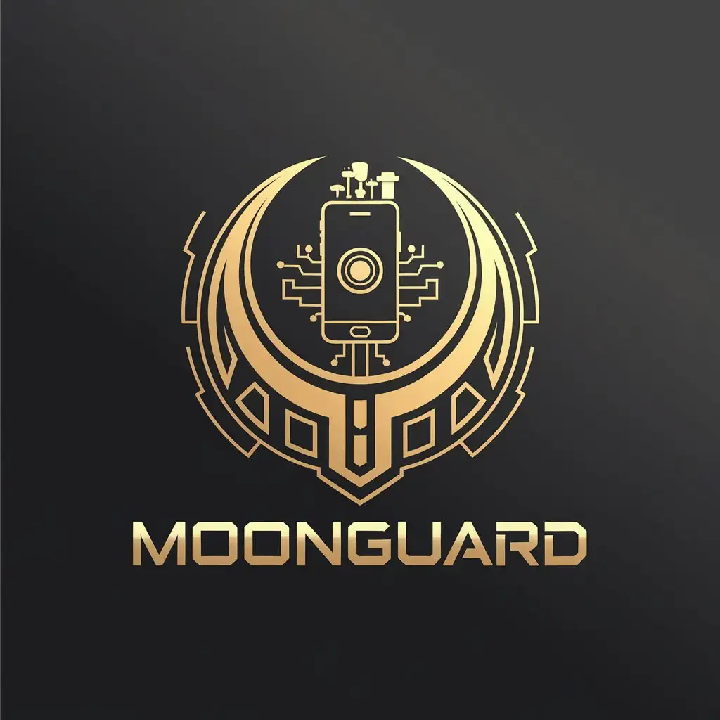 LOGO-Design-for-MoonGuard-Cybernetic-Style-with-Gold-Crescent-Moon-and-Cell-Phone-on-Black-Background