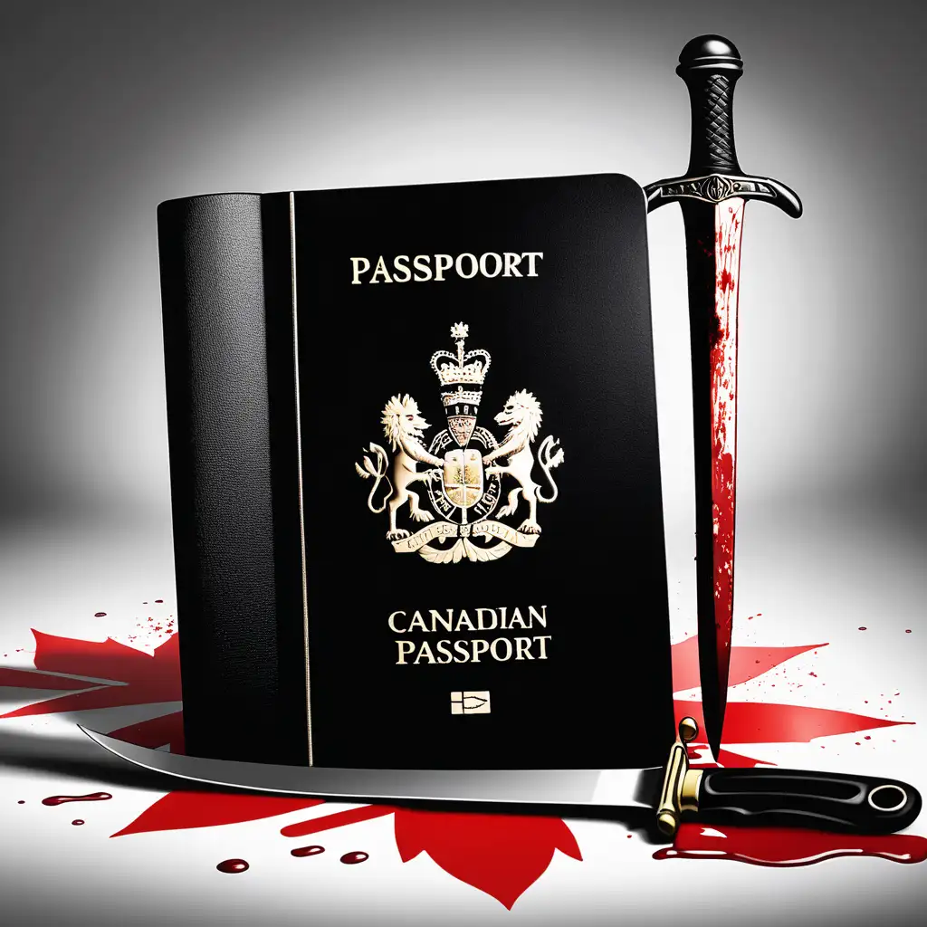 Canadian Passport and Bloody Sword Political Cartoon Style Illustration