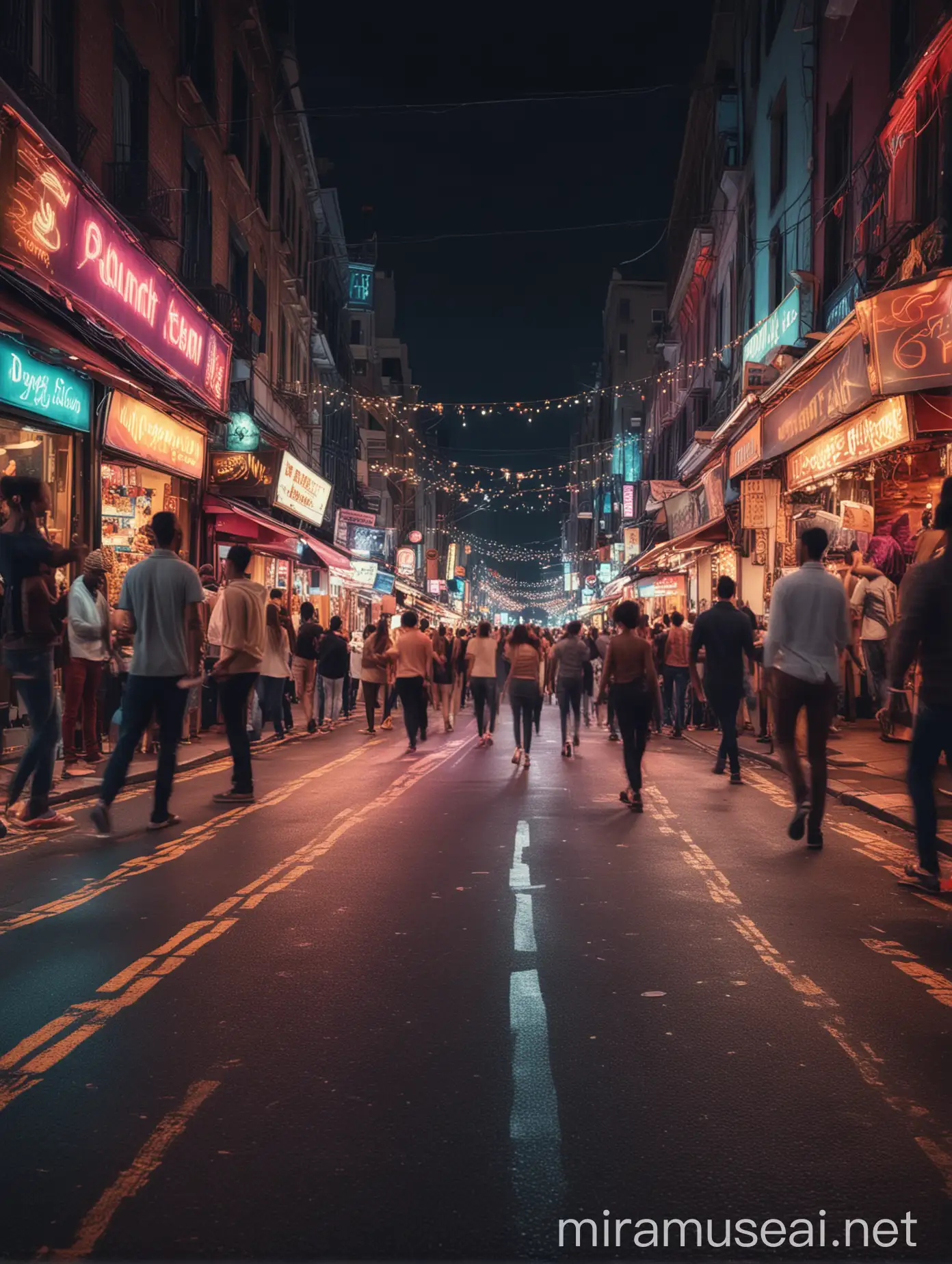 Vibrant Nighttime Cityscape with Celebratory Crowd and Neon Lights