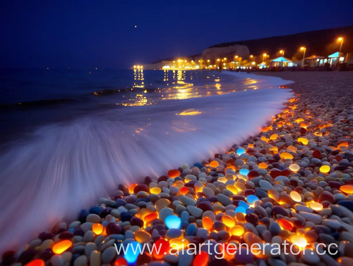 Night-at-Crimea-Resort-Beach-with-Glowing-Multicolored-Pebbles