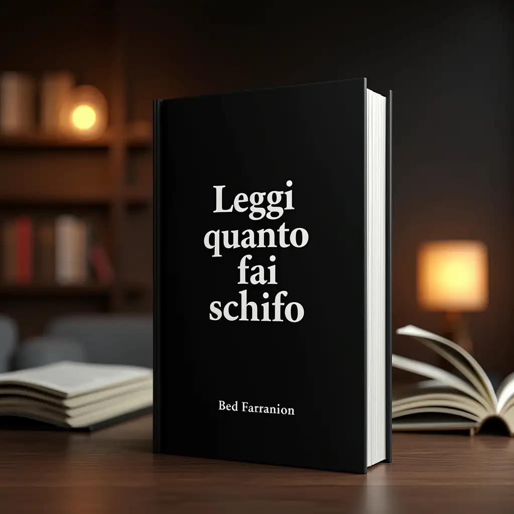 A hyper-realistic image of a 300-page book, positioned as a new bestseller. The book is elegantly designed with a minimalist but striking cover. The title, 'Leggi quanto fai schifo' , is boldly printed in large, sharp, sans-serif font in white, set against a sleek black background for high contrast. The cover’s texture is matte, giving it a premium, sophisticated feel. The spine of the book is visible, with the title running vertically, suggesting an effortlessly cool and modern aesthetic. The book lies on a wooden table, softly lit by ambient lighting, with the glow highlighting the book’s edges and giving it a subtle, refined shine. In the background, a blurred image of a chic bookshelf suggests a stylish and intellectual atmosphere, while a few scattered, opened pages peek from the side, hinting at the provocative content inside. The whole composition conveys the essence of an edgy, must-read bestseller, blending modernity with a touch of rebelliousness.