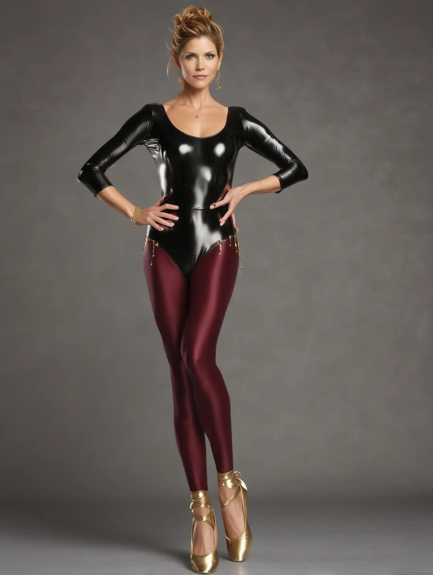 Tricia Helfer in a black shiny leotard with golden ornaments and skirts, in burgundy shiny leggings and silver-coloured ballet slippers.