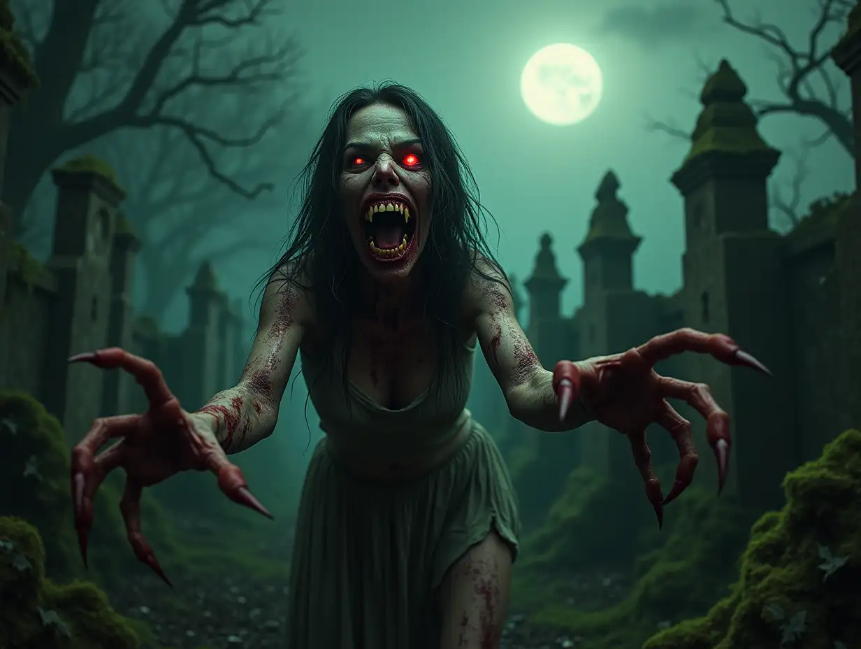 A hyper-realistic depiction of a grotesque, decaying zombie woman with long, claw-like fingernails protruding menacingly from her gnarled fingers. Her mouth is agape in a horrifying scream, revealing crooked, sharp teeth that glisten ominously in the dim light. She stretches her arms out towards the viewer in a chilling, predatory gesture, as if beckoning them into her nightmarish realm. The scene is set in an eerie, old cemetery enveloped in darkness, illuminated only by the ghostly pale light of a full moon casting elongated shadows across the ground. In the background, several freshly dug graves are visible, with horrific figures emerging from them—twisted and malformed silhouettes that heighten the sense of dread and impending doom. The atmosphere is thick with fog, and the air is filled with an unsettling silence broken only by distant whispers and rustling leaves. Surrounding tombstones are covered in moss and creeping vines, adding to the decay. The color palette consists of dark greens and grays with splashes of crimson, enhancing the horror aesthetic. The overall composition should evoke feelings of terror and suspense, drawing the viewer deeper into this macabre