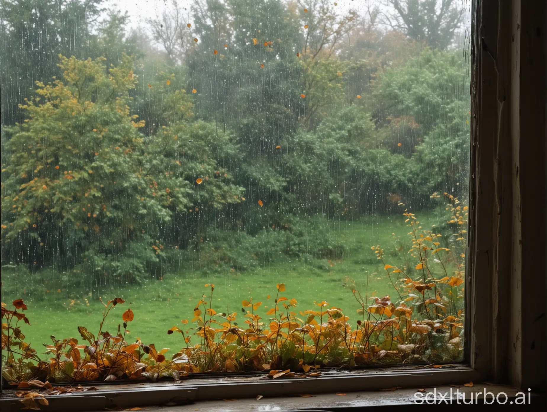 Rainy-Window-View-of-Autumn-Greenery