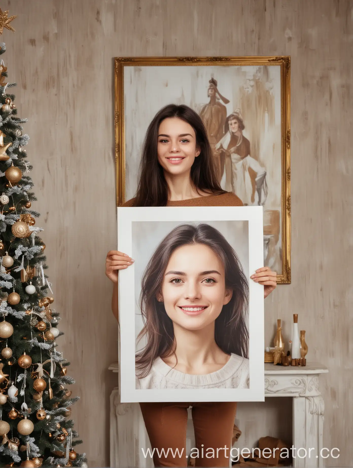 Happy-Girl-Holding-Large-Canvas-Portrait-in-New-Years-Room