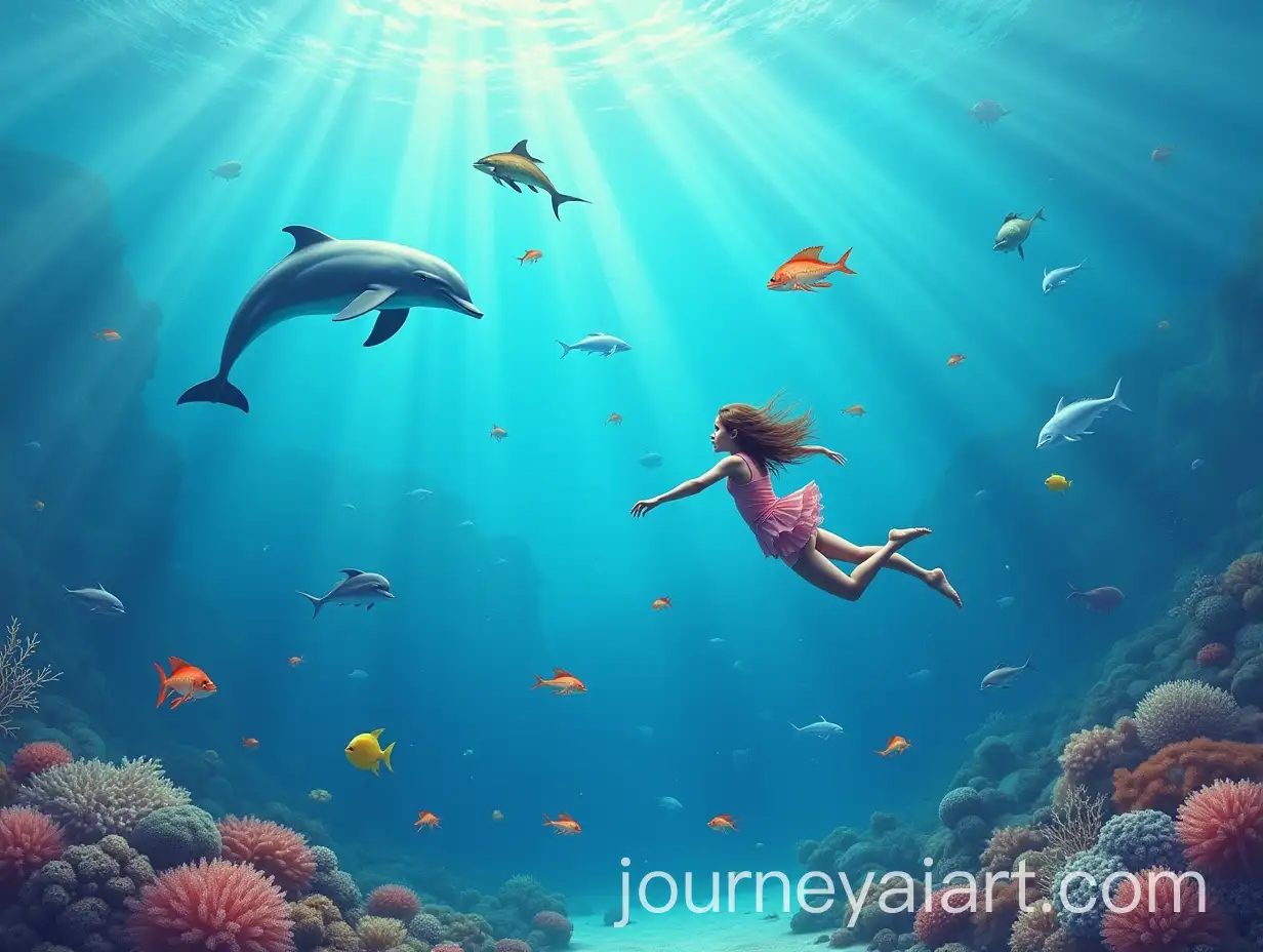 Woman-Swimming-in-the-Ocean-Surrounded-by-Fish-Dolphins-and-Coral-Reefs