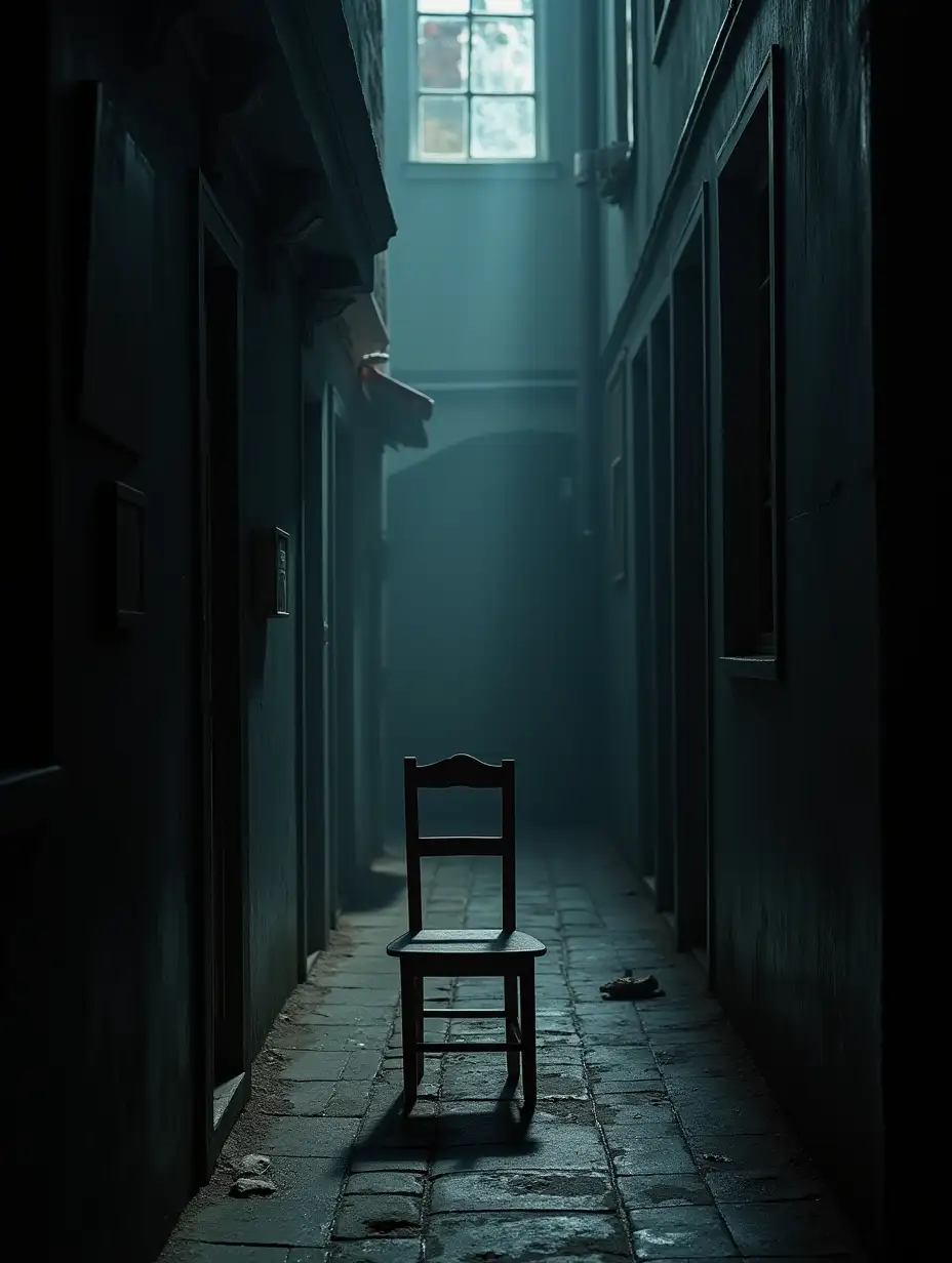 A dark school lane with a wooden chair in the middle of it