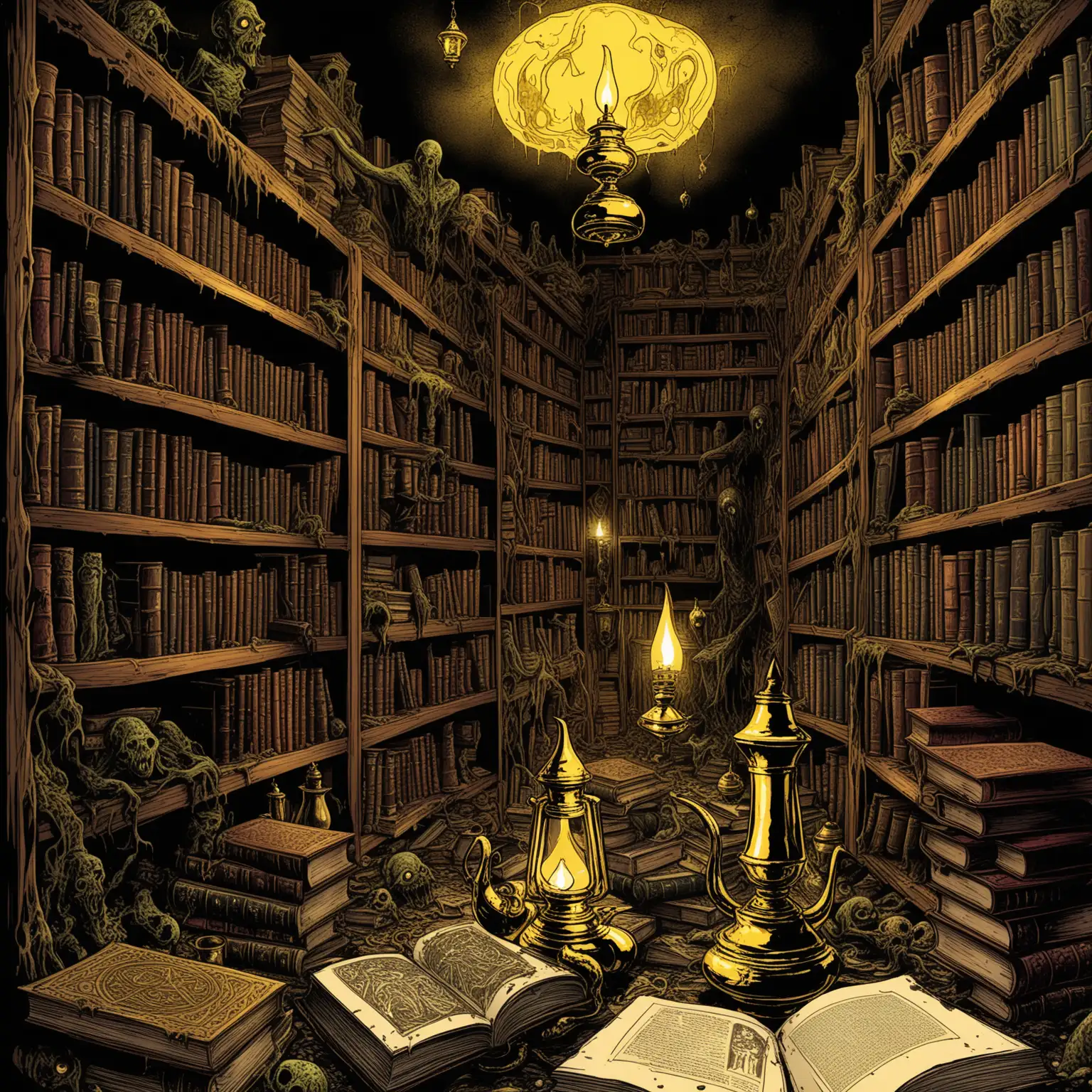 Lovecraft -Horror. In the foreground is a golden oil lamp in the form of an Arabian Nights lamp, adorned with symbols from the Necronomicon illuminating a room full of very old books on shelves and book stacks, underground-comic-style, provocative, dirty, filthy, disgusting, slimy, greasy, rude