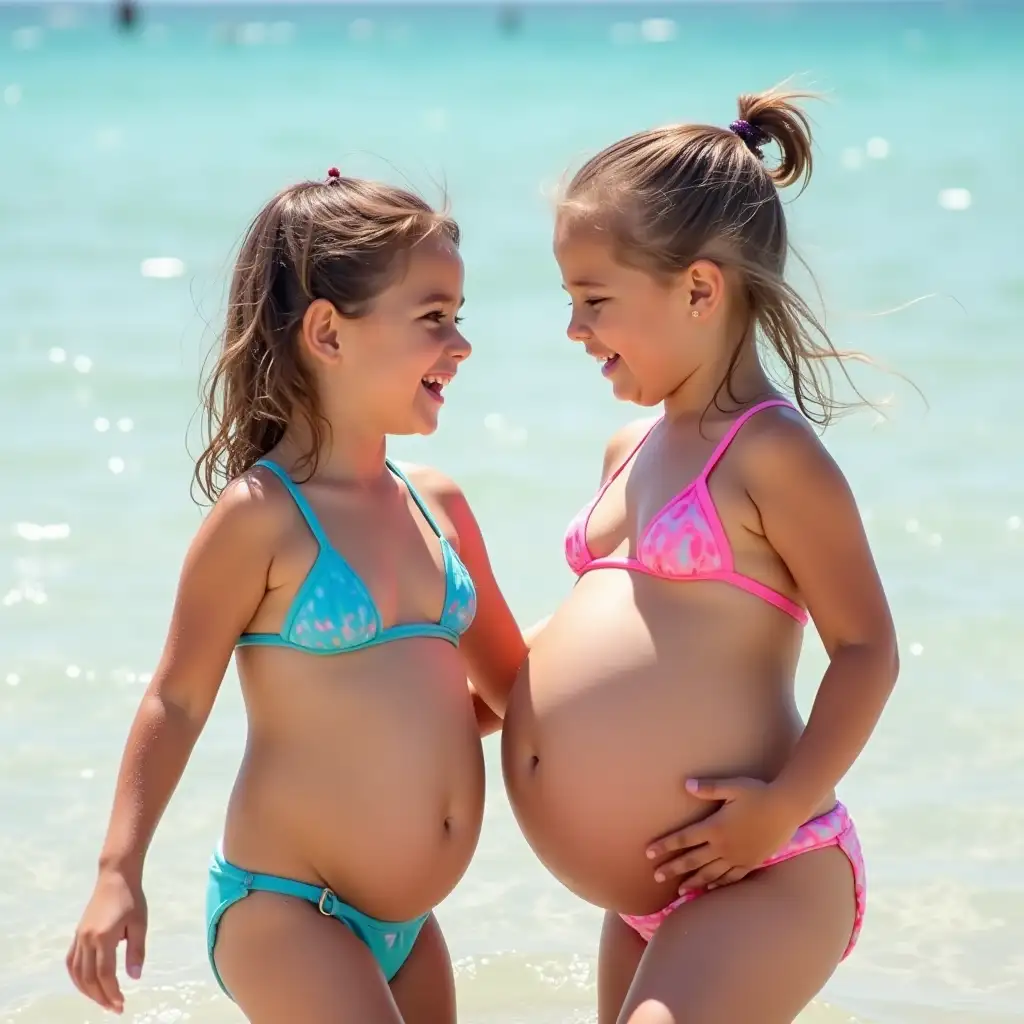 Two-Girls-in-Bikinis-Enjoying-Beach-Fun-with-Big-Round-Bellies