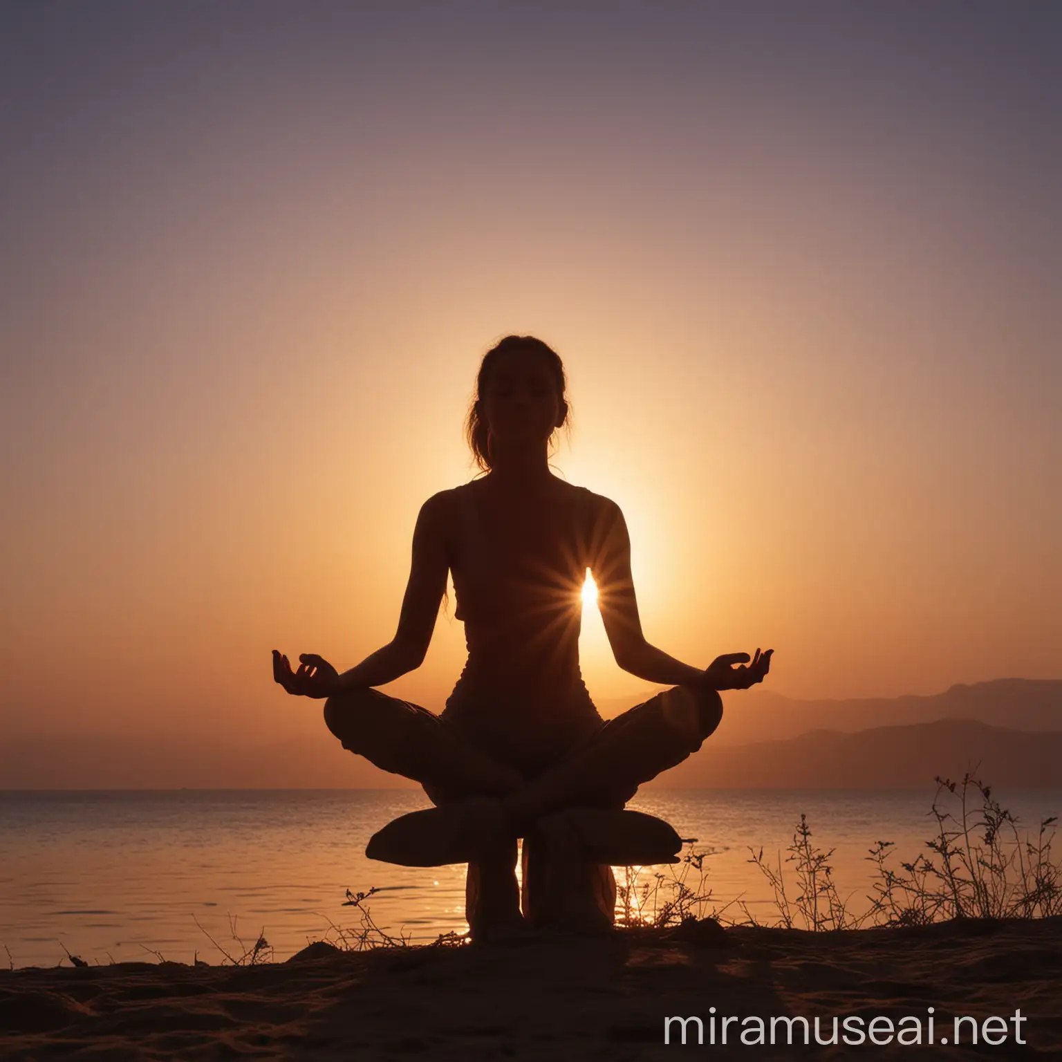 Silhouette of Serene Woman Meditating at Sunrise