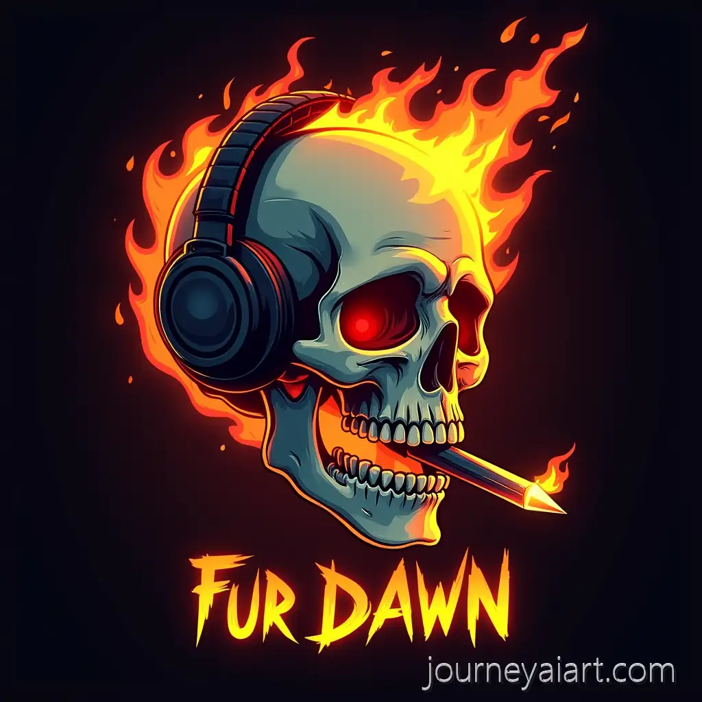 Cartoon-Skull-Logo-with-Burning-Inscription-and-Headphones