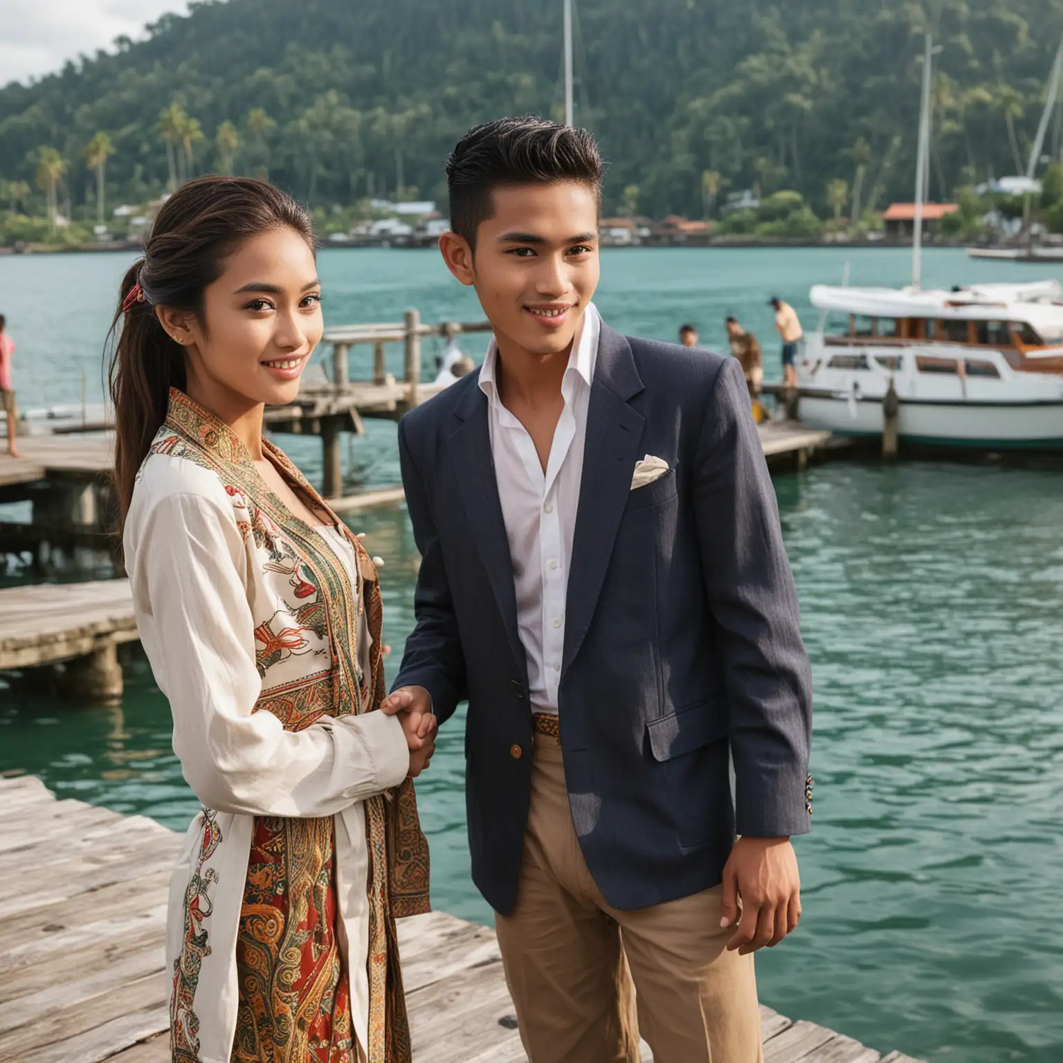 A Top Model from Bali, 23 years old, greets a guest in conservative traditional attire and jacket on a dock on an island in Bali. There is a yacht in the background.