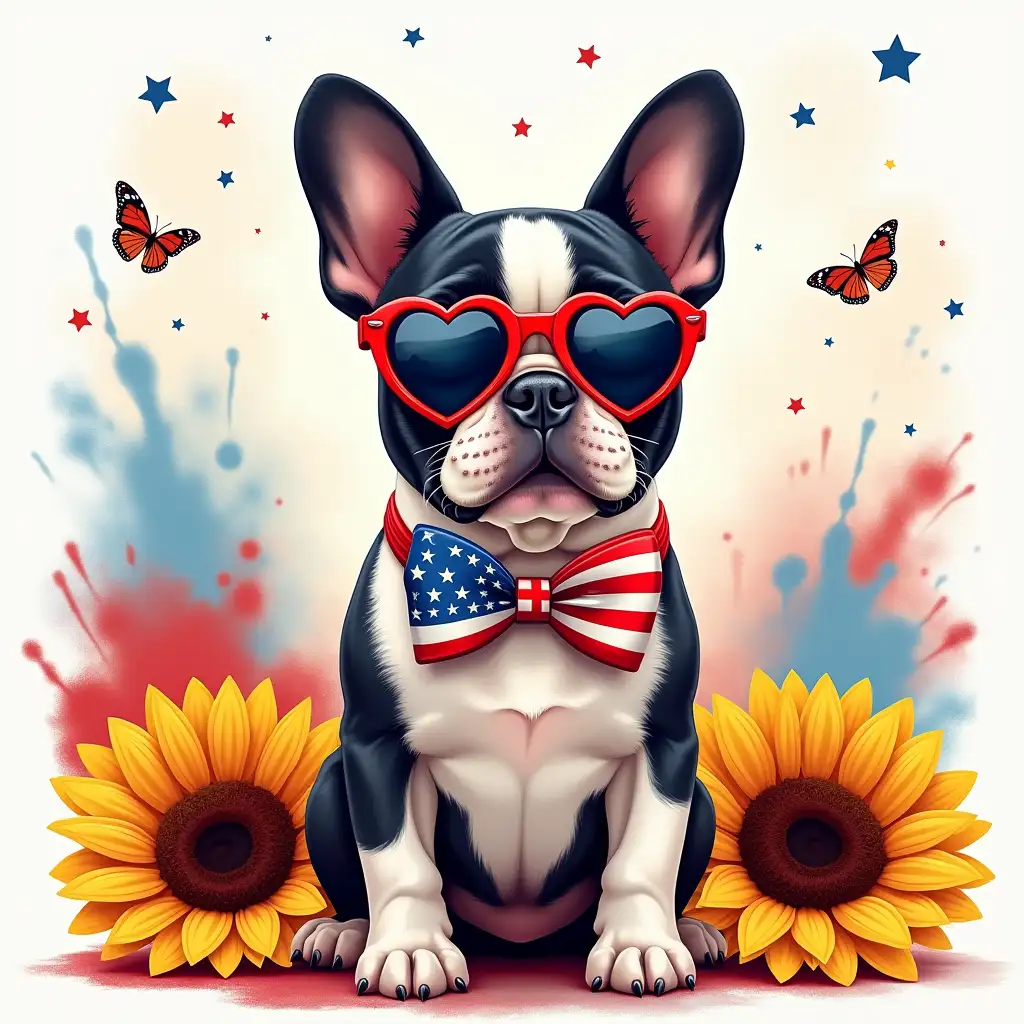 A cute French Bulldog wearing heart-shaped sunglasses and a bow tie, both decorated with the American flag pattern. The dog sits proudly between two large, vibrant sunflowers. The background features a patriotic theme with red, white, and blue paint splashes, stars, and flying butterflies.