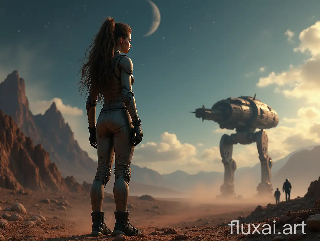 young pretty female, long messy hair, wearing sci-fi suit, posing, unknown rough planet, mountains, dust, night, stars in the sky, beautiful panoramic view, full length figure, turned to face the camera, giant space dreadnought far in the skies, military personnel and huge battlemech scouting nearby