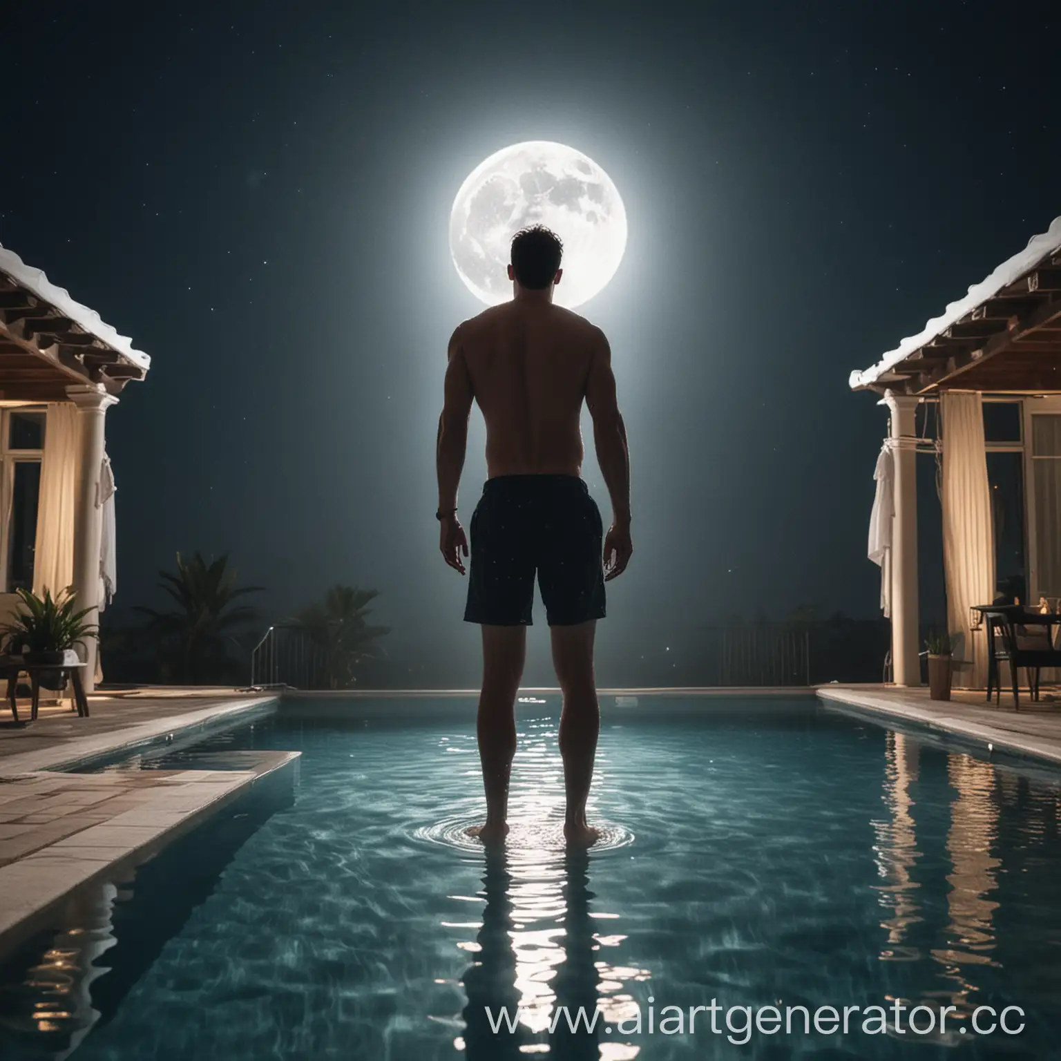 Man-Standing-on-Edge-of-Pool-at-Night