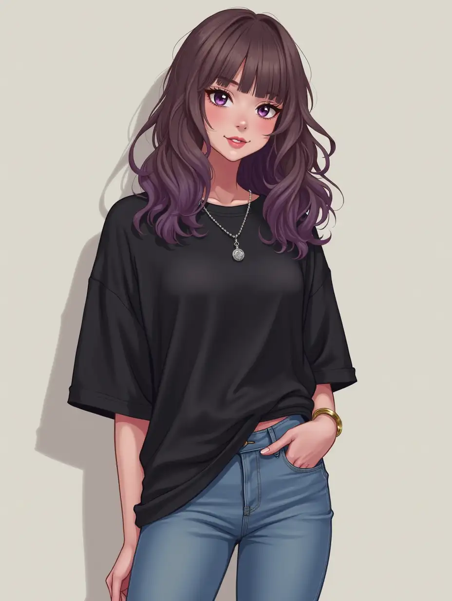 A girl with medium brown-purple hair, with light makeup. She has a black oversized t-shirt, a silver pendant, jeans and white sneakers