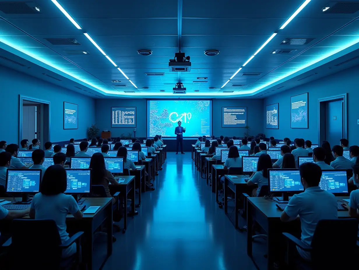 160 square blockchain computer room laboratory, global overhead view painting, 100 computer array setup, a teacher machine and rostrum in front, and two electronic large screens, server racks in the back. The ceiling has a blockchain logo neon light and central air conditioning, with an overall white light effect. A teacher standing at the podium in front of students, with blockchain course PPT.