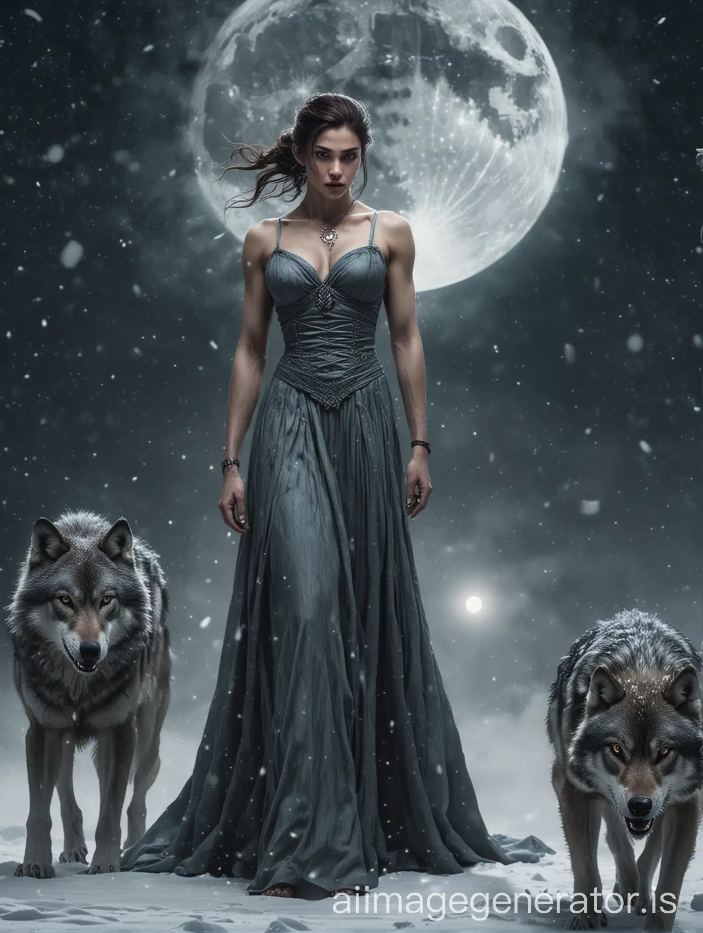 a woman in a sleeveless long dress, a muscular man, on a snowy night, with a round moon in the sky, and a fierce wolf