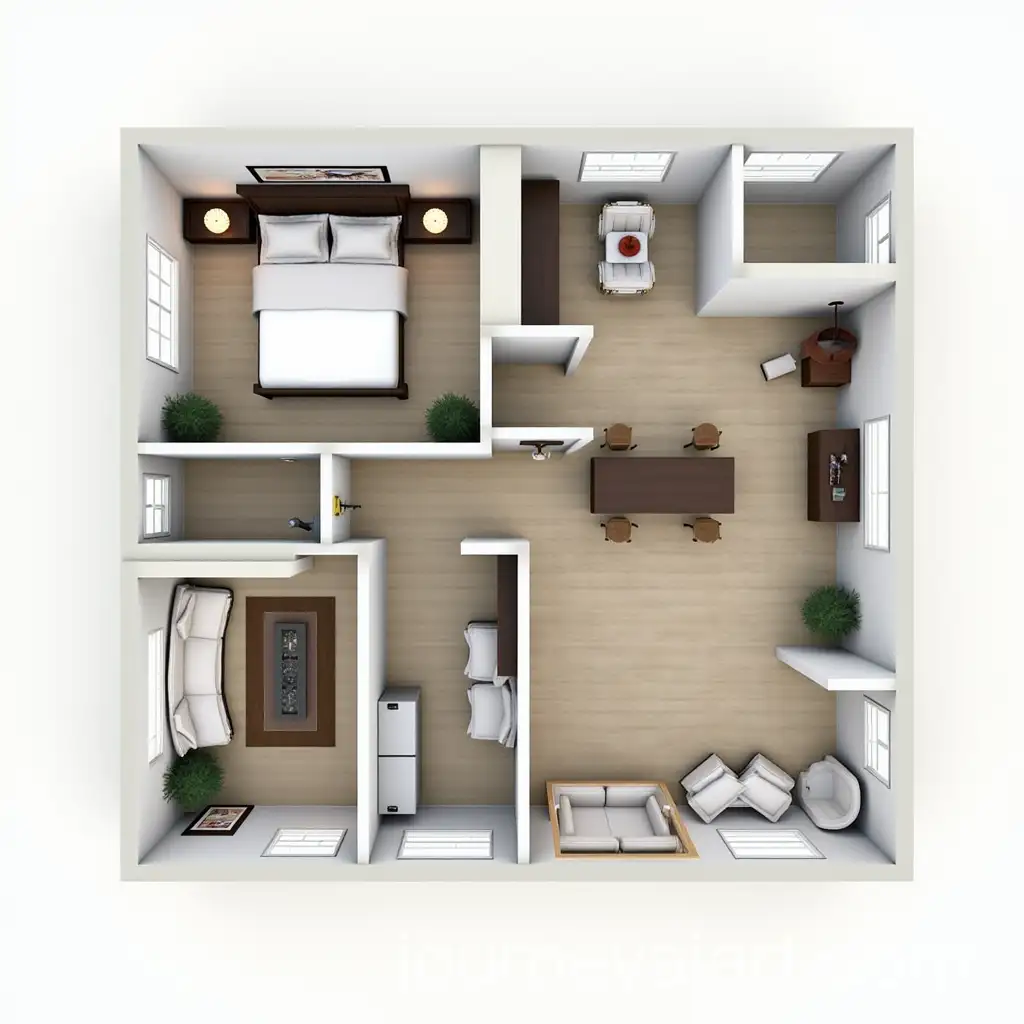 3D-Rendering-of-TwoStory-Cabin-Floor-Plan-with-Bedrooms-Bathrooms-and-Open-Living-Spaces