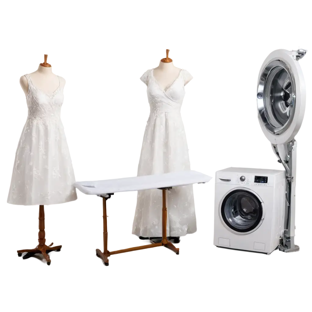 Professional-PNG-Image-Ironing-Clothes-with-a-Washing-Machine-and-Three-White-Wedding-Dresses