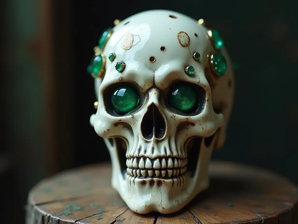 Cyber Totenkopf mit Augen, Porcelain with Emerald Ornaments Steampunk 100 mm Capture