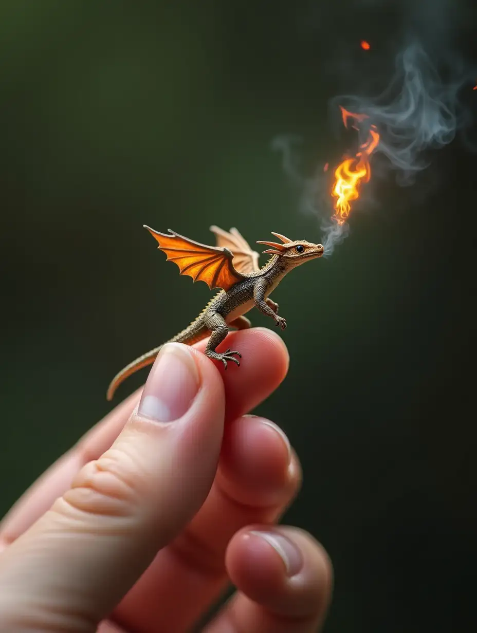 a tiny dragon perched on a fingertip. The dragon flaps its delicate wings rapidly to hover, breathing a small but bright jet of fire. The fire briefly illuminates its scales, which shimmer with iridescent colors. The background is soft and slightly blurred, focusing on the magical interaction between the dragon and the human hand.