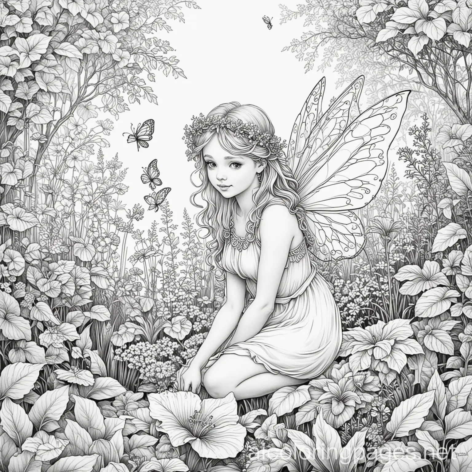 fairy in garden, Coloring Page, black and white, line art, white background, Simplicity, Ample White Space. The background of the coloring page is plain white to make it easy for young children to color within the lines. The outlines of all the subjects are easy to distinguish, making it simple for kids to color without too much difficulty
