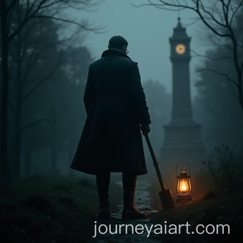 Mysterious-Gravedigger-with-Lantern-and-Clock-Tower-in-Dark-Forest