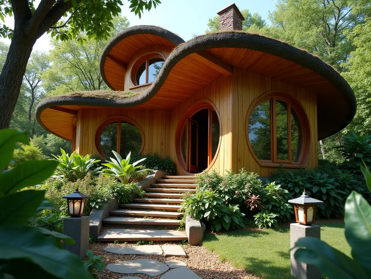 crooked House Garden  Bepflanzung-mit holz Stuck, large Windows with Glass to, curved, smooth Window shapes, winding big Entrance steps out of Wood Waterfall, Banana plants Complex curved Roof,Lanterns,Bench Apple tree 4K-resolution bright Colorful superWide-angle Shots