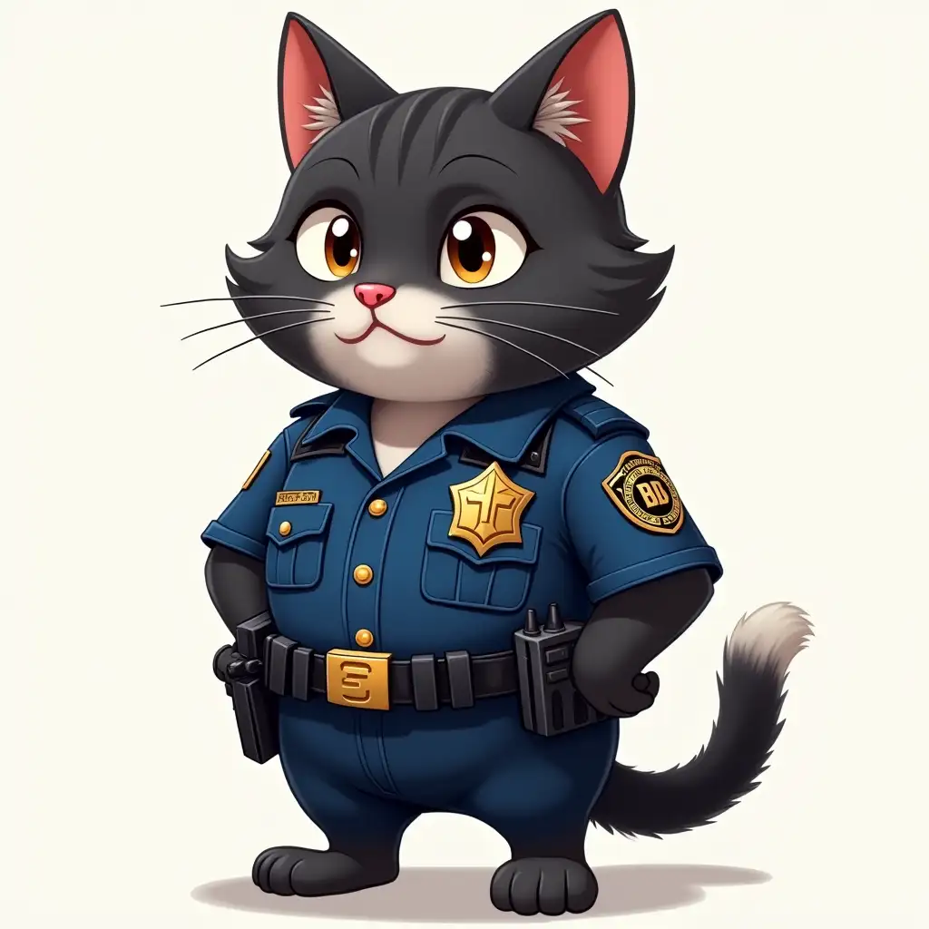 The image depicts an anthropomorphic cat character dressed in a police uniform, standing upright with a confident posture. The cat has dark fur with a pink nose and expressive eyes that convey a sense of alertness and readiness. The fur is meticulously detailed, showing individual strands that add to the realism of the character. Shirt: The police uniform is primarily blue and features a neatly buttoned shirt with a collar. On the chest, there is a shiny badge that reflects the light, adding to the sense of authority. Emblem: An emblem is prominently displayed on the sleeve of the uniform, indicating the rank or division of the officer. Belt: The cat is wearing a utility belt around its waist, equipped with various pouches and accessories typical of a police officer's gear. This includes a walkie-talkie, handcuffs, and other essential items. Expression: The cat's face shows a determined and serious expression, with its ears perked up, suggesting attentiveness. Paws: The paws are carefully rendered to show a combination of feline and human-like characteristics, with fingers that can grasp objects. The image is in the style of a 2D Retro Anime Style