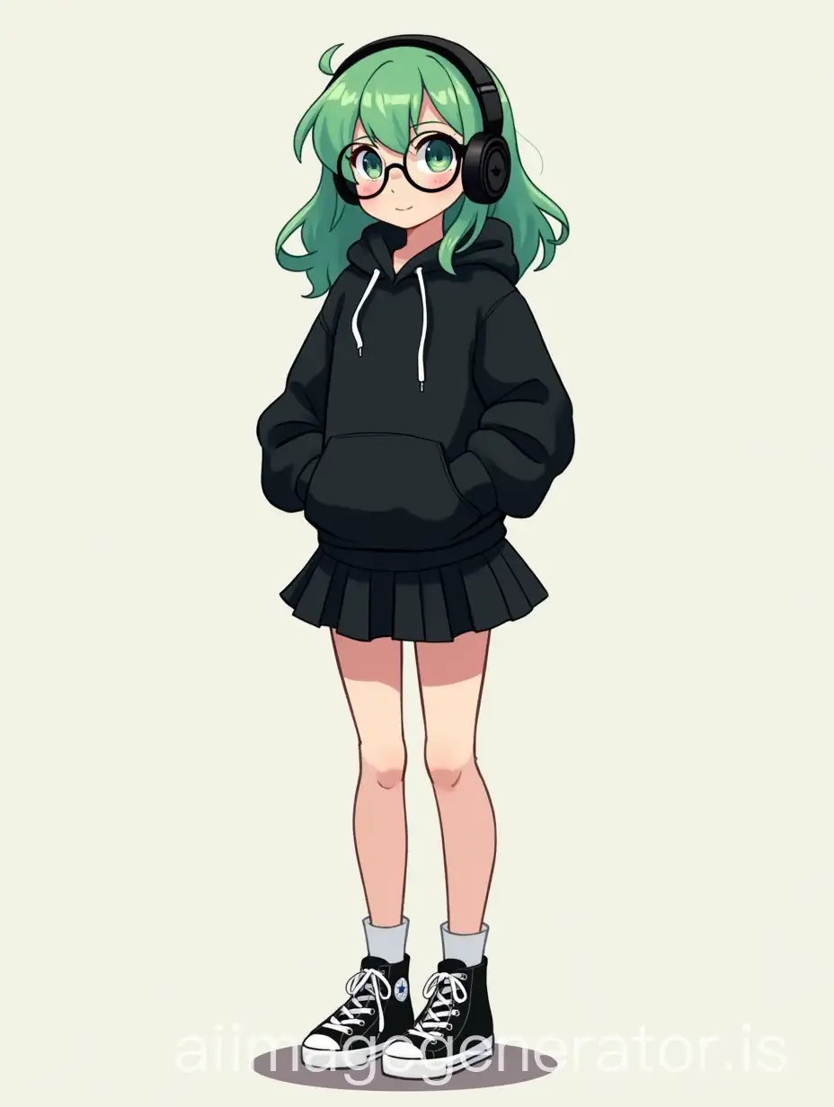 a tall teenage girl in has green hair, a black hoodie, and black headphones. Black pleated high-waisted skirt almost to the knees. And shod Converse All Star Ox Black M9166C Women's Low Sneakers and round glasses