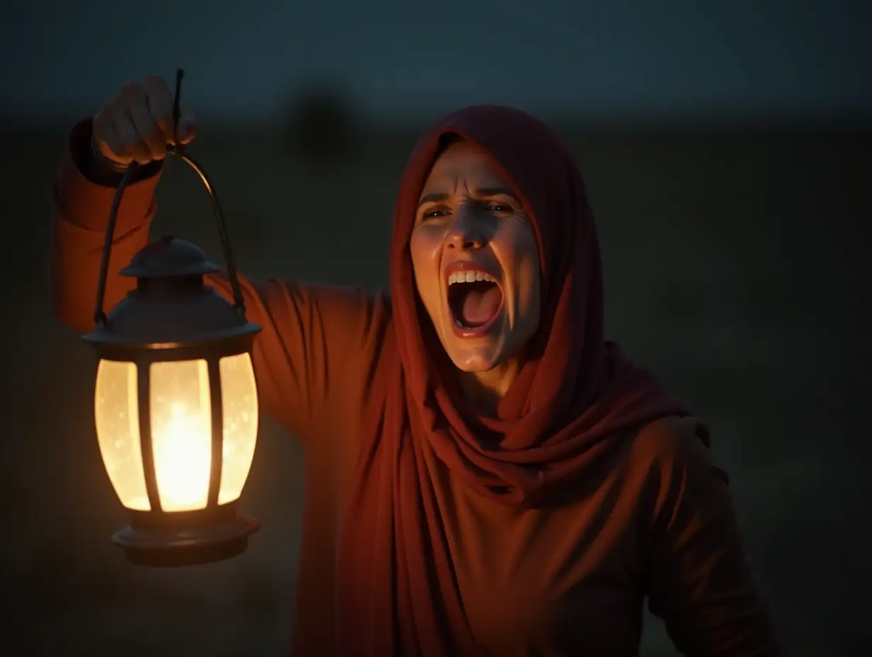 A Yemeni woman is holding a lantern and she is in a state of panic and screaming