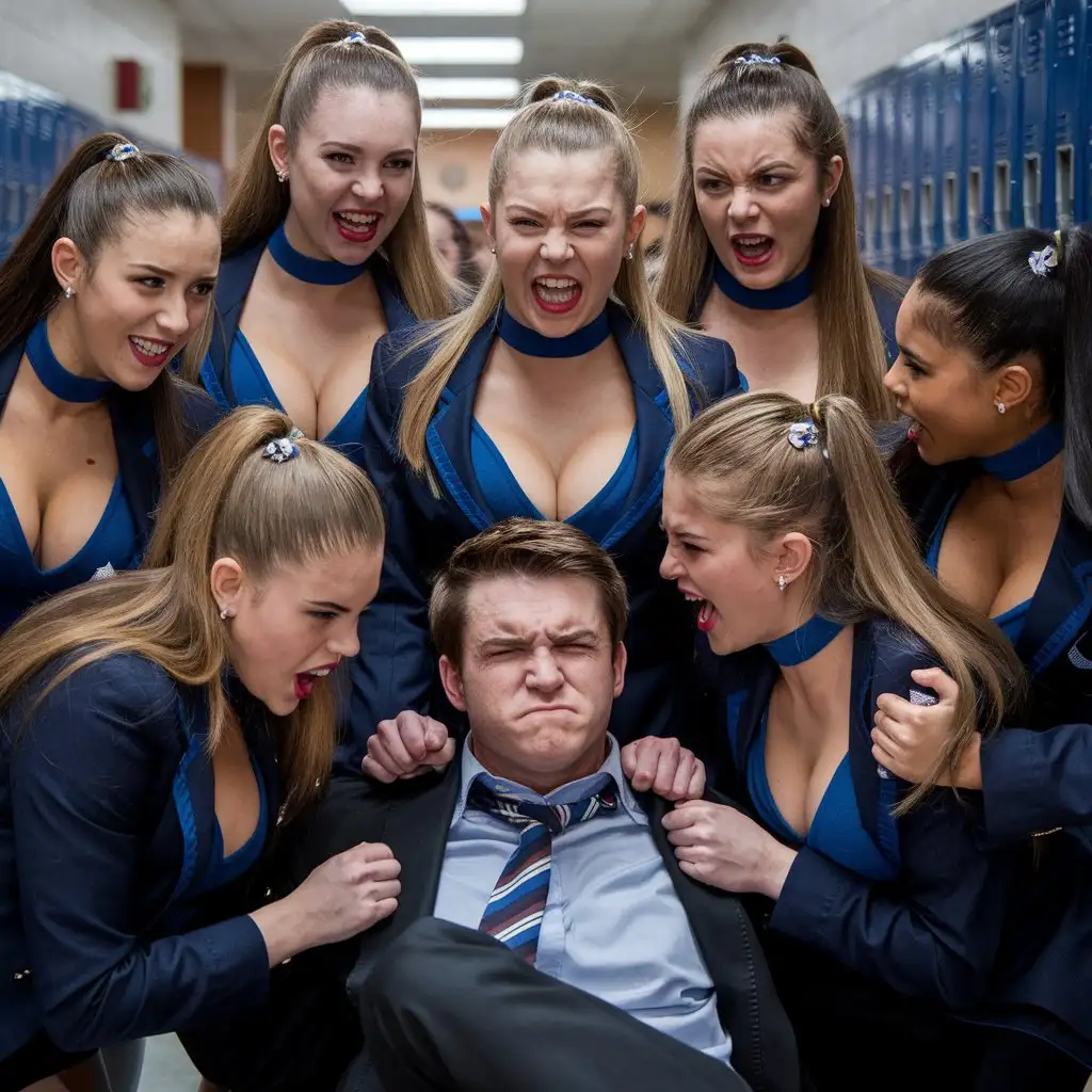 a group of very beautiful evil angry high school girls with deep neckline beat up a man.  photo, cinematic