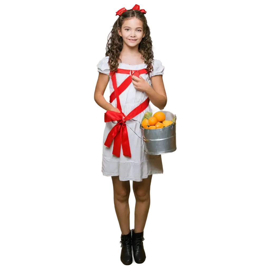 Country side girl with red ribbon on her hair and past dress and in hands with bucket of fruits.