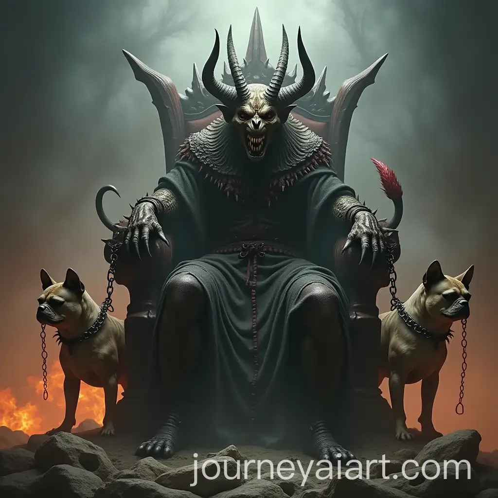 Terrifying-Beast-with-Three-Horns-Tails-and-Bone-Throne-Surrounded-by-Fire-and-Mist