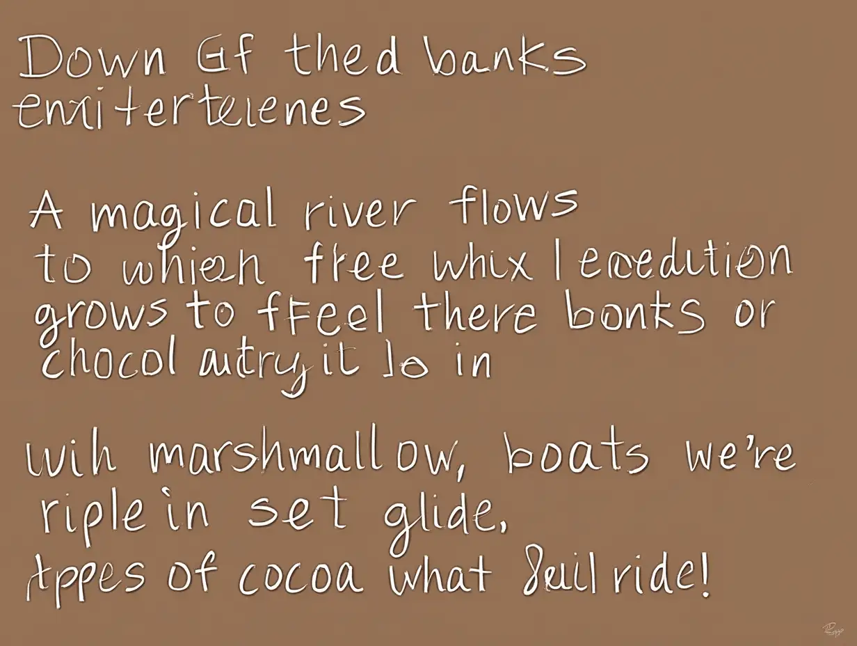 user_prompt: 🎶 Verse 1 🎶 Down by the banks where the chocolate flows, A magical river where excitement grows! With marshmallow boats, we’re set to glide, On ripples of cocoa, what a wild ride! ...