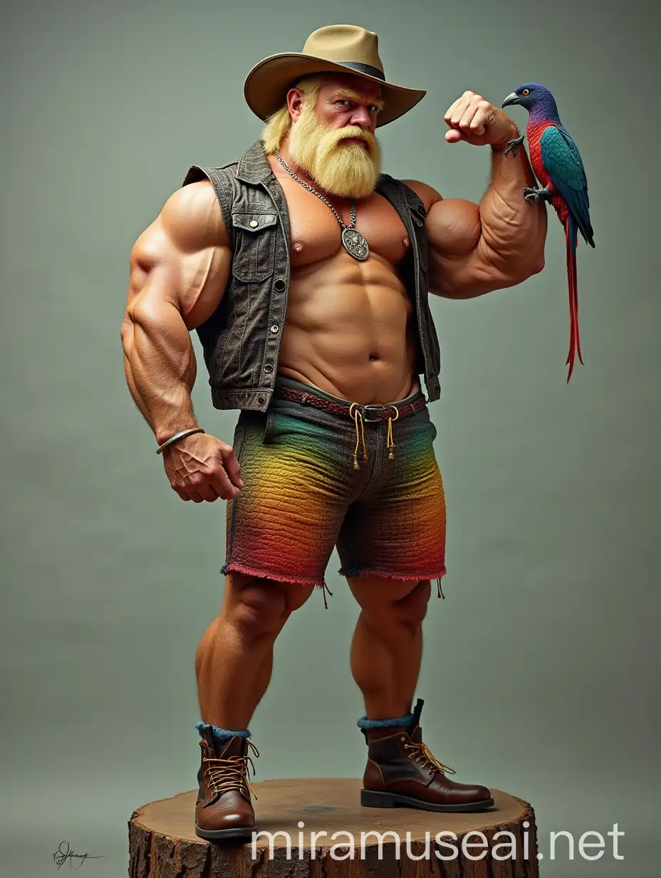 Beefy Blonde Bodybuilder Daddy Flexing on Stump with Bird