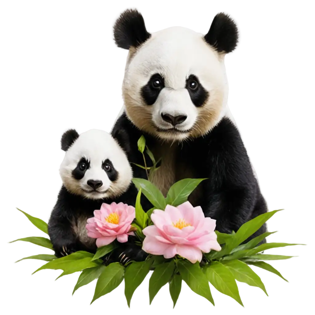 Stunning-Baby-Panda-with-Mother-Surrounded-by-Beautiful-Flowers-HighQuality-PNG-Image